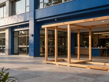 Architectural wood installation in a commercial building lobby, warm low-angled golden hour light.