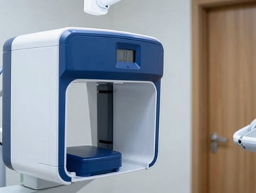 Close-up of a high-tech dental imaging device in a sterile, well-lit clinic, cool clinical white light.