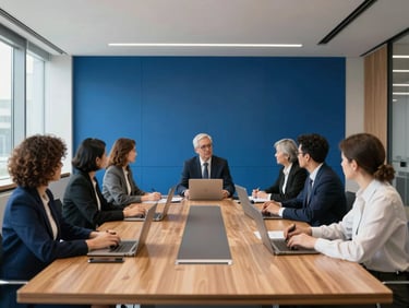 Wide shot of a modern corporate boardroom with diverse professionals collaborating, crisp architectural daylight.
