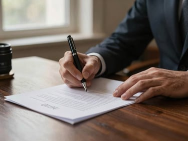 Close-up of hands signing a document on a dark wooden desk, soft side lighting from a window, elegant and professional atmosphere.
