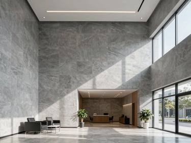 Immaculate high-ceiling commercial office lobby with freshly painted slate-gray accent walls, clean lines, and bright daylight.