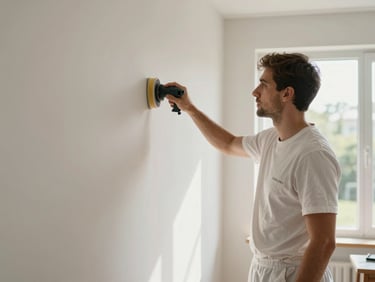 A professional painter in clean branded gear using a dust-minimized sander on a smooth residential wall, bright natural daylight streaming through a large window