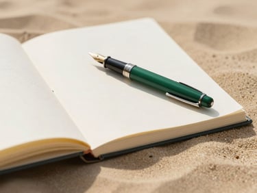 An open translation manuscript beside a traditional fountain pen, soft natural daylight, shallow depth of field, warm sand tones.