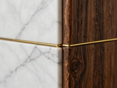 Close-up of premium material intersection, veined white marble meeting dark weathered teak wood and thin gold brass joints