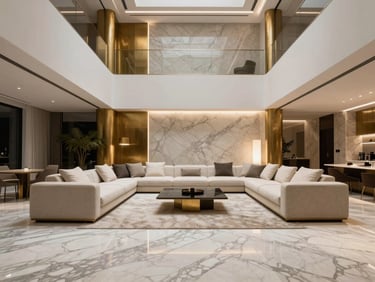 An ultra-luxury minimalist living room with double-height ceilings, imported veined marble floors, and custom brass accents under warm architectural lighting.