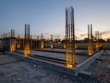 Wide-angle construction shot of a luxury estate foundation under twilight, structured steel reinforcement bars reflecting warm uplighting, clean site management.