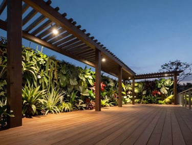 Low-angle architectural shot of the completed luxury terrace garden, illuminated pergola, imported teak decking, lush automated vertical gardens, twilight sky.