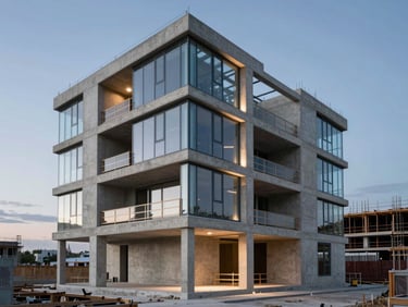 A modern concrete and glass estate under construction at dusk, showcasing structural steel framing, clean architectural lines, and dramatic uplighting.