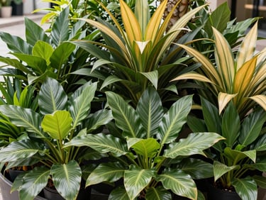 Premium tropical foliage plants neatly arranged for commercial landscaping, large glossy leaves, bright natural light