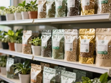 Organic soil amendments and sustainable horticultural supplies in a clean warehouse, professional packaging