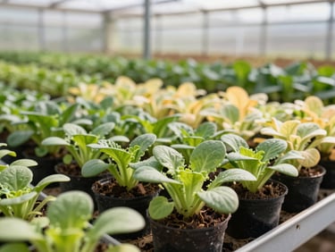 Vibrant starter crops in clean nursery pots inside a modern greenhouse, soft morning daylight, shallow depth of field