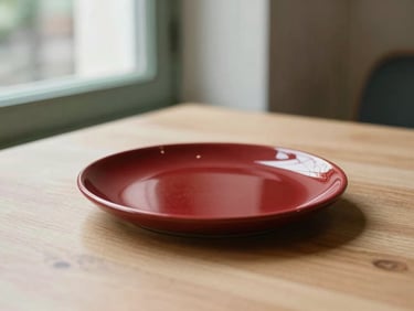 Warm editorial photography of a minimalist Scandinavian restaurant table, soft natural window light, a single deep crimson ceramic plate on a light wood surface, shallow depth of field, 35mm