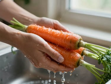 Close up of hands washing freshly harvested carrots under natural light, water droplets glistening, warm editorial style, shallow depth of field, 35mm