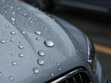 Macro close-up of fresh water beads on automotive paint surface after ceramic coating application, studio diffused overhead lighting, droplets perfectly spherical showing high contact angle, dark background