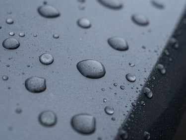 Extreme close-up macro of water beading perfectly on ceramic-coated automotive paint, spherical droplets on dark graphite surface under diffused studio light, surface texture sharp and reflective