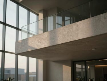 Abstract architectural lines of a high-end corporate pavilion, sharp concrete angles, soft morning light, muted tones