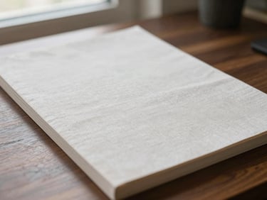 Close-up of fine heavy-weight linen stationery on a dark walnut desk, soft side window lighting, shallow depth of field