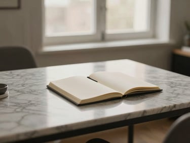 Quiet, high-end workspace with a minimalist marble desk, a single open notebook, soft natural light, muted corporate tones