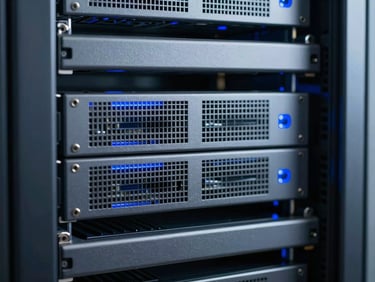 Clean server racks with blue LED lights in a cool-toned data center environment, macro 35mm