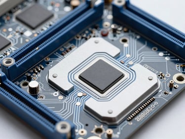 Close-up of a modern silver computer motherboard with structured circuit traces
