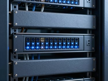 Macro photography of clean server rack wiring with cool blue led indicators, 35mm