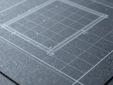 Abstract technical blueprint showing architectural lines and grid system, cool slate gray, 35mm