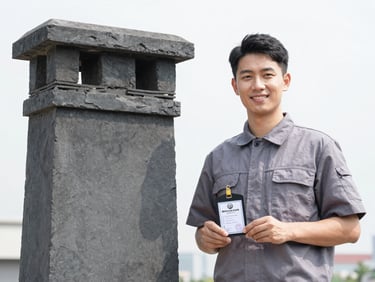 Chimney technician in a clean uniform, holding a certification badge, bright natural daylight, sharp focus.