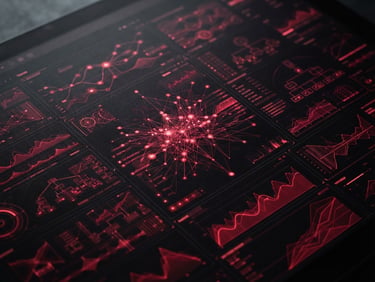 Macro shot of a high-end digital interface with sharp crimson data visualizations, dark environment, high contrast studio lighting, 50mm