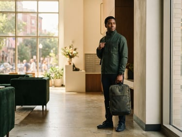 Professional Sensi Budz courier holding a clean, branded delivery bag, standing discreetly in a modern DC apartment building lobby, warm natural light, 35mm