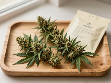 Top-down flat lay of high-quality, dense cannabis flower on a clean wooden tray, beside a discreetly branded package. Warm studio lighting, deep forest green and cream tones, shallow depth of field.