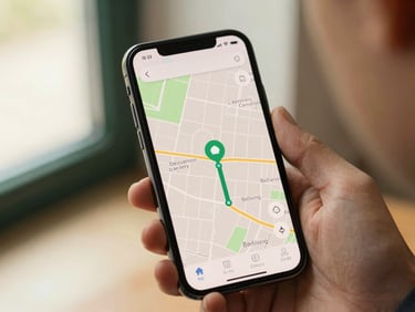 Close-up of a smartphone screen displaying a map with a delivery route and a moving icon, held by a person in a modern setting. Warm natural light, 35mm.