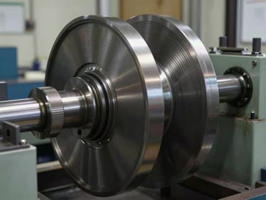 Close-up of a massive steel rotor being balanced on a precision diagnostic machine, industrial workshop setting, high-contrast dynamic lighting, metallic textures