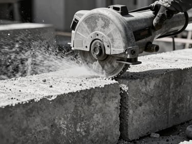Diamond wire saw slicing through a monumental concrete block on a commercial construction site, high-contrast industrial atmosphere, 35mm