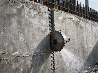 Hydraulic concrete saw cutting through a massive reinforced wall, water spray cooling the diamond blade, dramatic side-lighting, 35mm