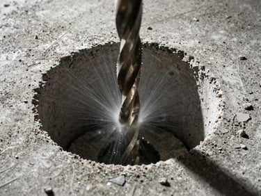 Close-up shot of a perfectly clean circular hole drilled in thick concrete, diamond core drill bit visible, high-contrast side-lighting, raw concrete texture, 35mm