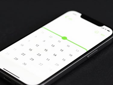 Sleek tech photography, dark mode device mockup of a minimalist calendar app with vibrant neon green accent lines, macro depth of field