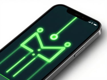 Sleek tech photography, angled mobile screen displaying a physics-based vector puzzle game with glowing neon green trails, dark background