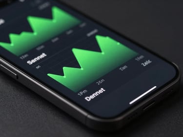 Sleek tech photography, close-up physical phone screen showing a system monitor utility with neon green telemetry graphs, dark environment