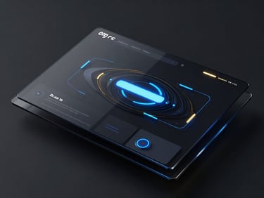Abstract 3D render of a sleek, dark website UI on a floating glass screen, electric blue glowing elements, geometric design, high contrast, octane render.