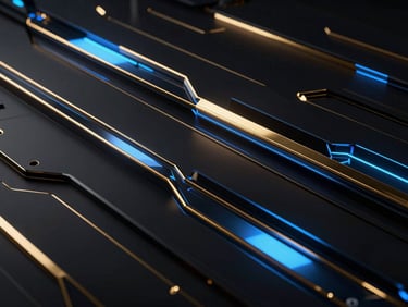 Abstract 3D render of cinematic footage on a sleek dark screen, electric blue light reflections, gold accents, high contrast, glassmorphism, octane render