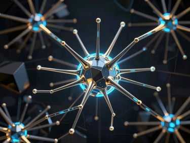 Abstract 3D render of glowing neural network nodes, electric blue light, dark background, complex geometric patterns, high contrast, octane render.