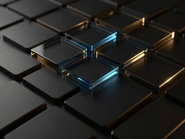 Abstract 3D glass structure with subtle electric blue glow, dark metallic background, octane render