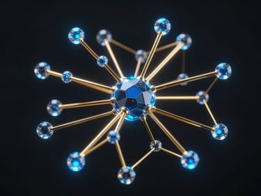 Abstract 3D render of a neural network with glowing electric blue nodes and gold connections, dark background, high contrast, glassmorphism, octane render