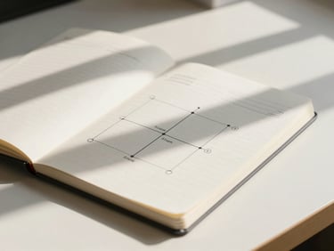 Close-up of a clean notebook with a sharp strategic diagram, architectural shadows on a warm cream desk, minimalist editorial style, 50mm lens