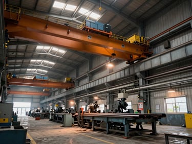 Heavy industrial facility interior, wide angle showing large gantry crane overhead, steel fabrication equipment on the floor, tungsten work-lighting illuminating the operational area, high structural ceiling with exposed I-beams