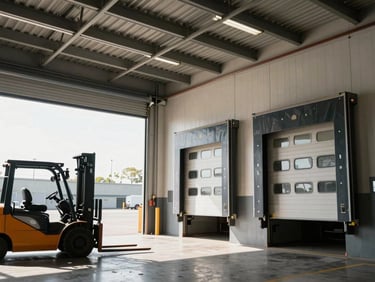 Loading dock interior, wide shot showing truck bay doors open, a forklift parked to the left, natural daylight flooding in from the dock opening, high ceiling with exposed steel trusses visible