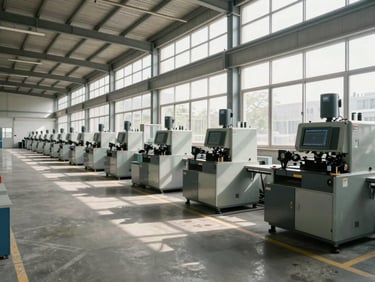 Wide interior shot of a light manufacturing floor, natural daylight through high clerestory windows, machinery stations arranged in rows, full floor-to-ceiling height visible, concrete floor with painted aisle markings