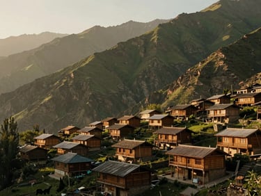 Traditional wooden houses in Dawar village, Gurez Valley, nestled against dramatic green mountains, soft morning light, wide-angle lens, cinematic travel photography