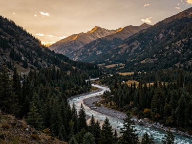 Untouched Tulail Valley landscape, winding river, dense pine forests, dramatic high-altitude peaks in background, golden hour, wide-angle lens, cinematic travel photography