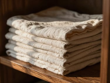 Close-up of natural linen fabric neatly folded in a dark wooden shelf, soft afternoon side light casting long gentle shadows.